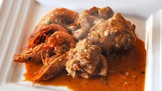 Conejo con cebolla y gambas  Conill amb ceba i gambes  Recetas Mallorquinas [upl. by Nylear]