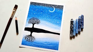 Oil pastels scenery drawing  How to draw night moon nature scenario art  art scenery drawing [upl. by Auqinat]