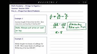 Algebra I Summer Math  Day 4 Proportional Word Problems [upl. by Leirum]