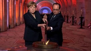 Hollande et Merkel dans la nef de lossuaire de Douaumont [upl. by Goff]