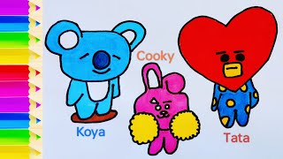 BT21 Koya Cooky Tata Drawing and ColoringHow to draw BTS21 Characters Art Tips for Kids [upl. by Hermon]