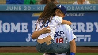 Sarah Shahi excitedly leaps into Tim Federowiczs arms after first pitch [upl. by Lexine163]