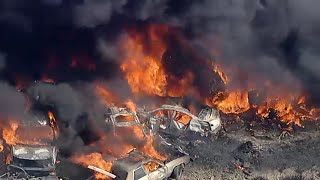 Hundreds of cars on fire at Lancaster salvage yard [upl. by Geoff135]