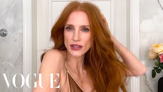 Jessica Chastain on Dry Skin Care Face Slapping amp Kardashian Influences  Beauty Secrets  Vogue [upl. by Yreffoeg]