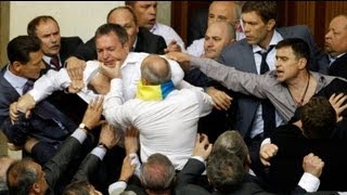 Brawl erupts in Ukraine parliament over language bill [upl. by Ymot]