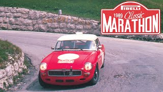 Stirling Moss tackles the Stelvio Pass in an MGB  1989 Classic Marathon Rally [upl. by Doss931]