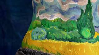 Art video Wheat Field with Cypresses  bodypainting by Amit Bar EDSA content [upl. by Ikilisav648]