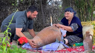 GRANDMA MAKING CHURN BUTTER REDCURRANT JAM AND COMPOTE  BEST MEATLESS DISH  VILLAGE SARMA RECIPE [upl. by Alys]