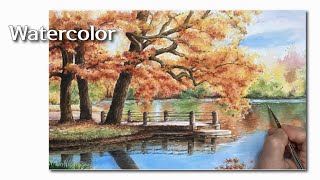 🍂 🍁How to paint autumn trees and a lake 풍경수채화 수채화가을 호수풍경그리기 [upl. by Berkman]