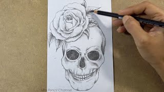 Drawing Skull and Rose Tattoo Design step by step  Hihi Pencil [upl. by Adelice]