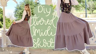 DIY Easy Tiered Ruffle Midi Skirt  Beginner Friendly Tutorial [upl. by Kern845]