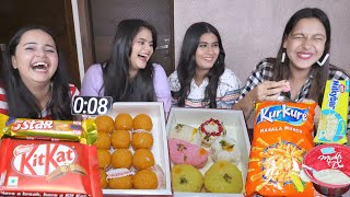 1O Seconds Sweets Chocolate Snacks Eating Challenge  Laddu Kurkure Kitkat Chips Milky Bar etc [upl. by Leahkim719]