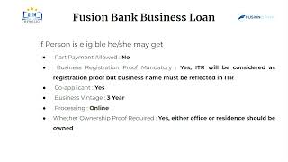 Fusion Bank Business Loan  Interest Rate Eligibility Criteria Processing Fee amp charges [upl. by Enoob424]