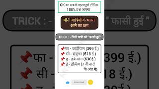 चीनी यात्रियों के भारत आने का क्रम याद करो चुटकीयों में gk gktricks [upl. by Londoner]