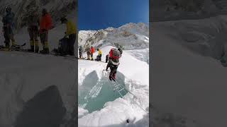 Dangerous Mount Everest crevasse  Sherpa crosses with expert skill Everest mountains shorts [upl. by Ilocin]