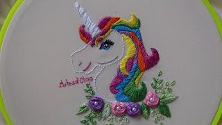 Hand Embroidery Rainbow Unicorn  Unicornio Arcoíris Bordado a Mano  ArtesdOlga [upl. by Alaunnoif]