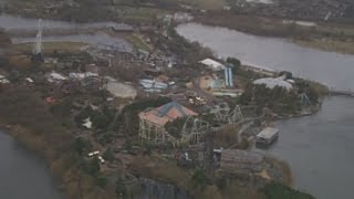 Thorpe Park surrounded by water Floods hit theme park in the Thames Valley [upl. by Acus]