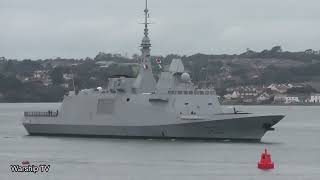 FRENCH NAVY FS BRETAGNE D655 LEAVES DEVONPORT NAVAL BASE AT DEVILS POINT 21823 [upl. by Davidoff827]