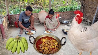 CHICKEN WITH RAW BANANA । Village Traditional Chicken Recipe Cooking amp Eating By Mother And Son [upl. by Schaeffer]