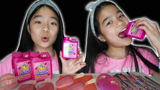 ASMR PINK FOOD Magnum Mini Ice Cream Gummy Jelly Pop Rocks  Tran Twins [upl. by Ydasahc405]