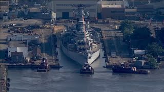 LIVE Battleship New Jersey to leave Navy Yard head to Paulsboro NJ [upl. by Etneciv406]