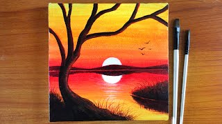 Sunset Silhouette Painting on Canvas  Acrylic Painting for beginners [upl. by Ylatan]