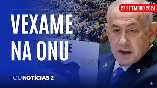 ICL NOTÍCIAS 2  270924  NETANYAHU É VAIADO EM DISCURSO FALA EM PAZ E MANDA BOMBARDEAR BEIRUTE [upl. by Schulman]