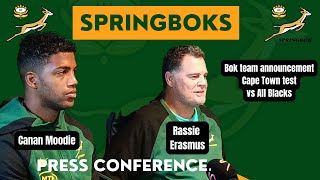 SPRINGBOKS Team announcement  Rassie Erasmus amp Canan Moodie ahead of Cape Town test vs All Blacks [upl. by Atterual]