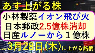 あす上がる株 2024年３月２８日（木）に上がる銘柄 ～最新の日本株での株式投資。初心者でも。小林製薬が紅麹で自主回収から死亡者・入院者。死者発生と株価の推移。日本郵政と日産の償却。あす権利落ち日～ [upl. by Saeger801]