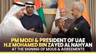 PM Modi amp President of UAE HE Mohamed bin Zayed Al Nahyan at the signing of MoUs amp Agreements [upl. by Chaworth830]