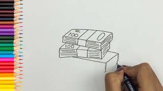 How To Draw Stack Of Money Easy Step by Step  Cara Menggambar Tumpukan Uang Mudah dan Simpel [upl. by Anyek452]