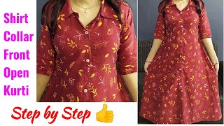 Shirt Collar Front Open Kurti Cutting and Stitching step by step [upl. by Malva]