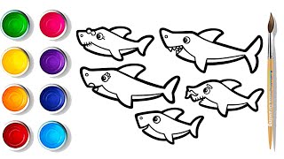 How to draw Shark  Family Shark Drawing Painting Coloring for kids and toddlers [upl. by Anircam802]