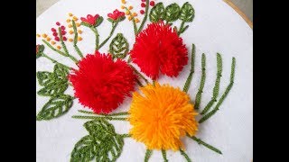 Hand Embroidery Pom Pom flowers stitch Design video tutorial [upl. by Yrgoerg758]