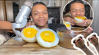 EATING A GIANT BOILED OSTRICH EGG WITH BLOVES SMACKALICIOUS SAUCE [upl. by Naget]