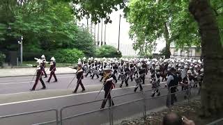 Massed Bands of HM Royal Marines marching to Horse Guards Parade for Beating Retreat 2024 [upl. by Ahcurb]