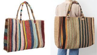 MAKING AN EASY STRIPED KNITTED BEACH BAG WITH PAPER THREADS INCREASING THREADS [upl. by Heman]