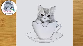 How to Draw a Cute Kitty in a Cup  Step by Step  Pencil sketch tutorial [upl. by Adnamar]