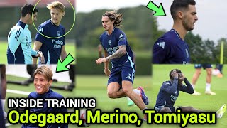 INSIDE TRAINING  Odegaard Merino amp Tomiyasu are back in training ahead of Man city [upl. by Llerihs628]