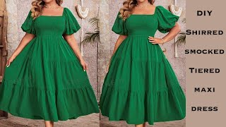 EASY SHIRREDSMOCKED TIERED MAXI DRESS How To Make An Off shoulder Tiered Smocked Dress [upl. by Oicnerolf354]