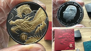 Lunar Dragon 2024 1 1oz Goldplated Silver Black Proof Coin [upl. by Imoyn628]