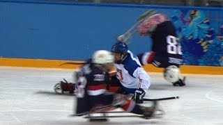 BRUTAL ice sledge hockey hits  Sochi 2014 Winter Paralympics [upl. by Vilma]