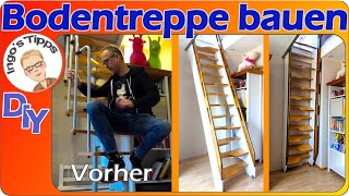 Bodentreppe Raumspartreppe Dachboden mit integriertem Geländer berechnen selber bauen  IngosTipps [upl. by Nivonod]