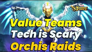 ORCHIS TECH RAIDS NODES 1 amp 2 SCARY MVP TECH TEAMS VALUE OMEGA RAID GUIDE  MARVEL Strike Force [upl. by Ellenrahc750]