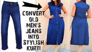 DIY ConvertReuse Old Mens Jeans into girls KURTIDENIM KURTI HINDI [upl. by Gavin]