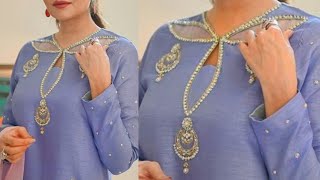 Designer neck design cutting and stitching with new hackEid Special new neck design 2023 with lace [upl. by Aicilram]