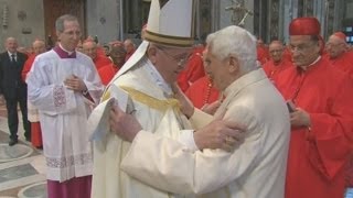 Former Pope Benedict XVI makes surprise appearance at cardinal ceremony [upl. by Ocirederf]