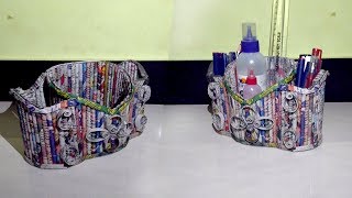 How to make Desk Organizer with Newspaper  Stationary holder  Best out of waste craft idea [upl. by Marfe]