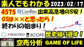 【空売分析】4575 キャンバス！出来高急増のS安！GSが○○と思ったら終わりの始まり！2158 FRONTEO！6619 ダブル・スコープ！事例を復習！【20230217】 [upl. by Myranda]