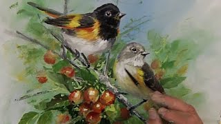 How to Paint Birds with Acrylics American Redstart Pair [upl. by Younger94]